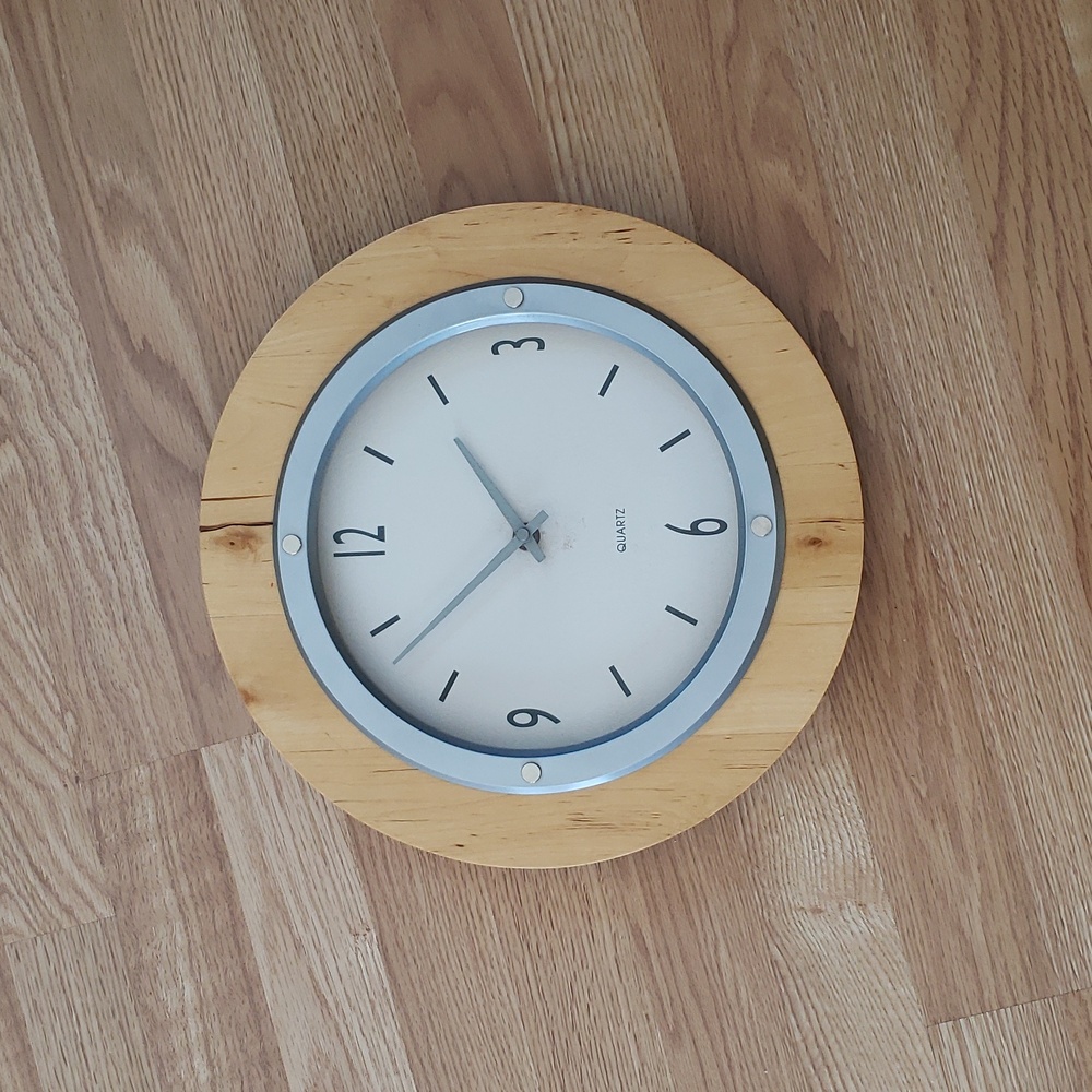 Wall Clock with Natural Wood Frame and Silver Trim - Quartz